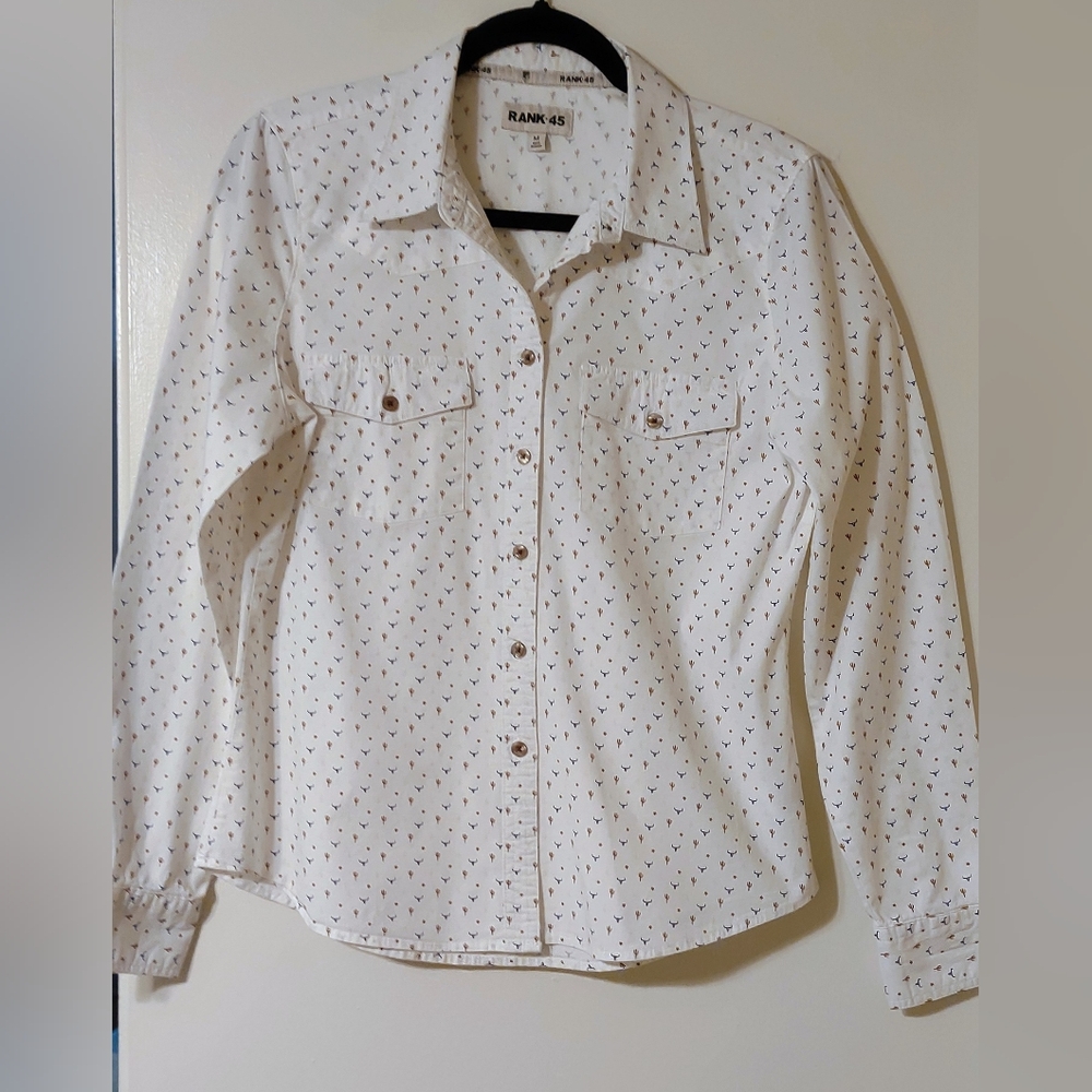 Rank 45 White Printed Button-Up Cotton Long Sleeve Shirt Medium